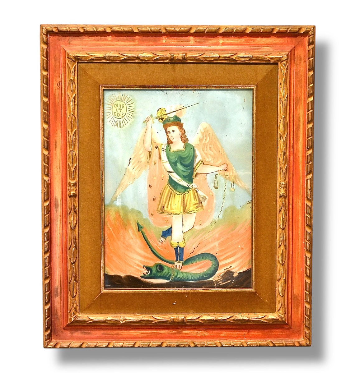 San Michele Arcangelo che sconfigge il Drago -Pittura su vetro- Romania Seconda Metà XIX Secolo